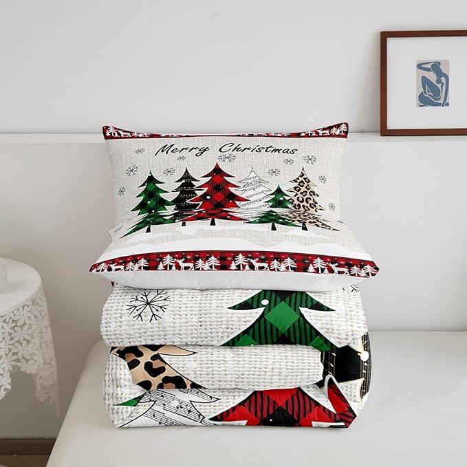 Manfei Xmas Trees Comforter Set Twin Size, Merry Christmas Bedding Set 2pcs for Kids Boys Girls Room Decor, Pine Trees Snowflake Deers Down Comforter Soft Polyester Quilt Set with 1 Pillowcase