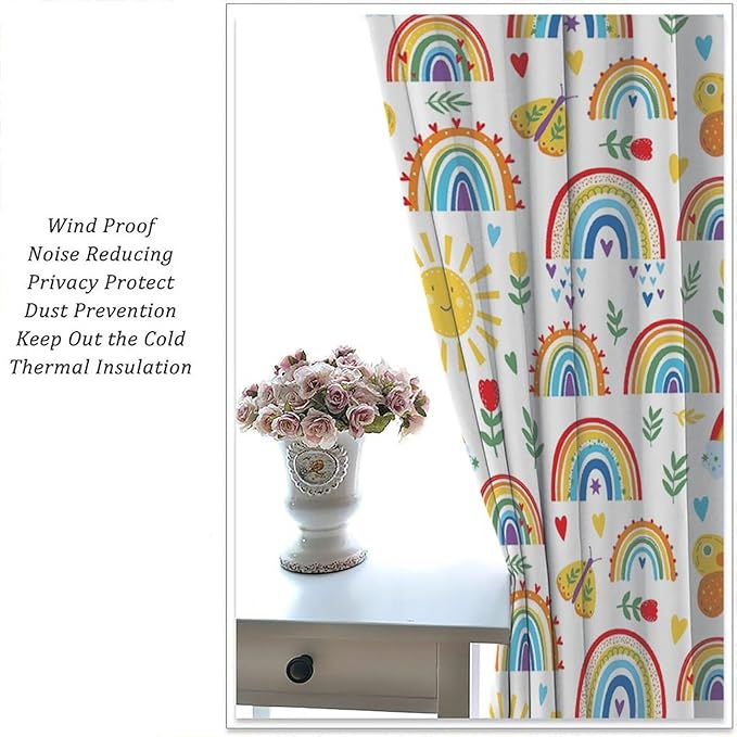 Boho Rainbow Curtains for Kids Nursery Colorful Floral Sun Star Clouds Pastel Bohemian Pattern Print Window Drapes for Girl Bedroom Living Room Kitchen Decor,2 Panel Set,42Wx45H Inch Blackout
