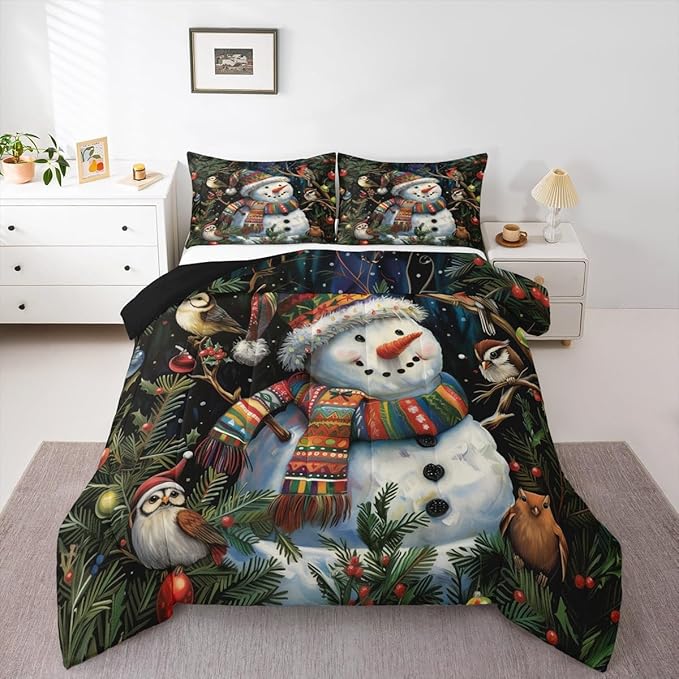 Feelyou Christmas Bedding Set Soft for Boys Girls, Holiday Snowman Birds Comforter Set Full Size Xmas Owl Branch Berry Duvet Quilt Microfiber Snowflake Bedroom Decor 3 Pcs with 2 Pillow Cases