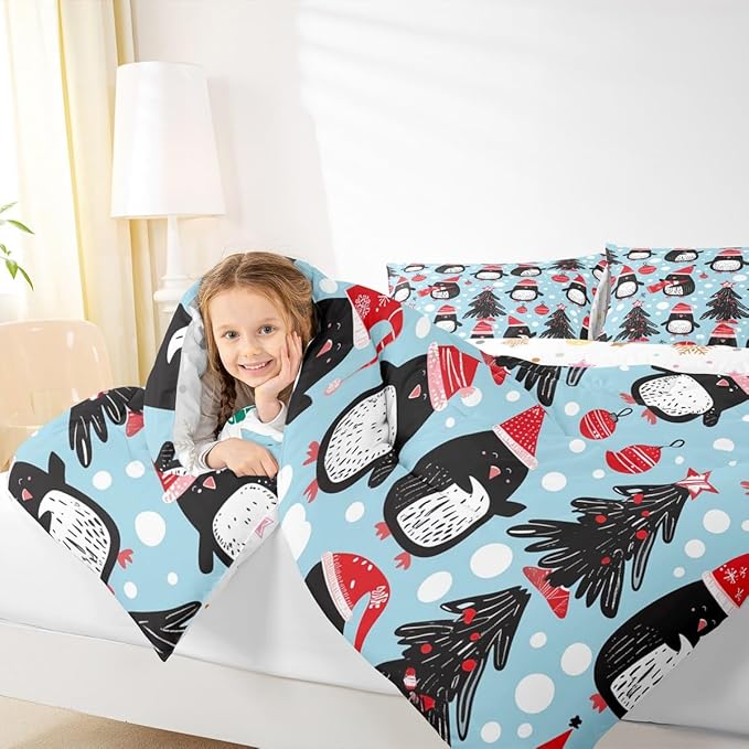Feelyou Christmas Comforter Set All Season Penguin Bedding Set with 2 Pillow Cases Xmas Tree Microfiber Kids Queen Bedclothes Christmas Balls Bedroom Decor Duvet Quilt Breathable Soft Lightweight