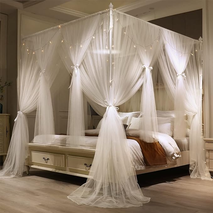 VETHIN 4 Corners Post Princess Bed Canopy Curtain Double Layer Cozy Drape Netting 4 Opening Mosquito Net for Girls & Adults Bedroom Decoration Accessories (Double White, 59" W*82" L*82"*H/(Queen))