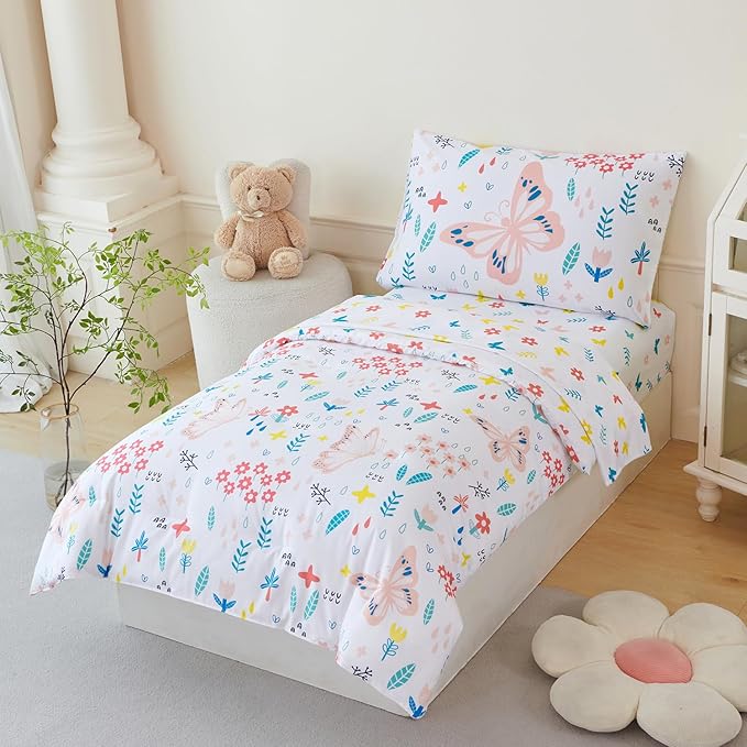 PERFEMET 5 Pieces Girls Bed in A Bag Full Size Reversible Pink Flowers Butterfly Comforter Set with Sheet Soft Lightweight Botanical Floral Bedding Set for Kids Teen(White, Full)
