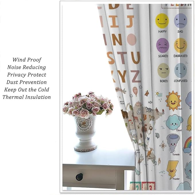 Kids Educational Curtain,Pastel ABC Alphabet Continents Map Numbers Shapes Weather Learning Tools Boy Girl Nursery Rod Pocket Blackout Window Treatments for Bedroom Living Room 42" W X 45" L