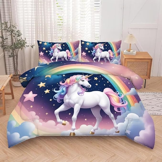 kxry Unicorn Galaxy Comforter Sets Twin Size Cartoon Blue Sky Rainbow Bedding Set Star Cloud Bedding Quilt for Kids Teens Girls 1 Comforter+ 1 Pillowcase