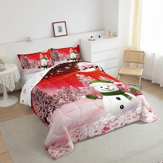Feelyou Kids Merry Christmas Decorations Toddler Size Comforter Set Xmas Snowman Bedding Set Red Quilt Set Soft Warm Lightweight Duvet Set