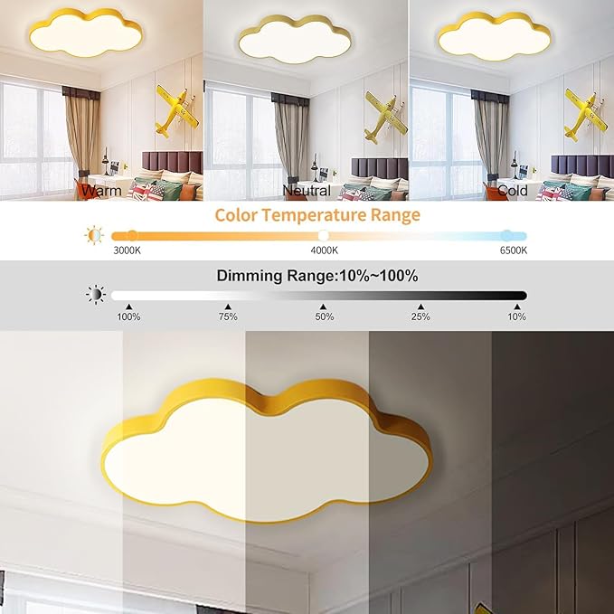LED Ceiling Light Fixture,27 Inch Modern Cloud Shape Recessed Ceiling Lights, Dimmable Light,Yellow 43W Close to Ceiling Lighting Flush Mount Living Room Bedroom,3000K-6000K