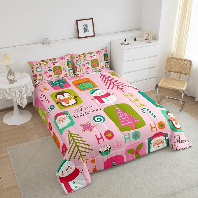 Erosebridal Christmas Kids Comforter Set Toddler Size Cartoon Santa Claus Quilts Boys Girls Room Decor Merry Xmas Penguin Bedding Set Christmas Tree Snowman Down Comforter,Pink