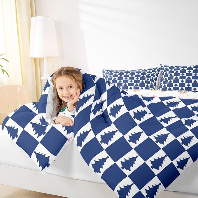 Feelyou Christmas Kids Comforter Set Twin Size Checkered Bedding Set Christmas Tree Duvet Quilt for Kids Boys Girls Bedroom Xmas Decorations Decor Blue Microfiber Ultra Soft Breathable