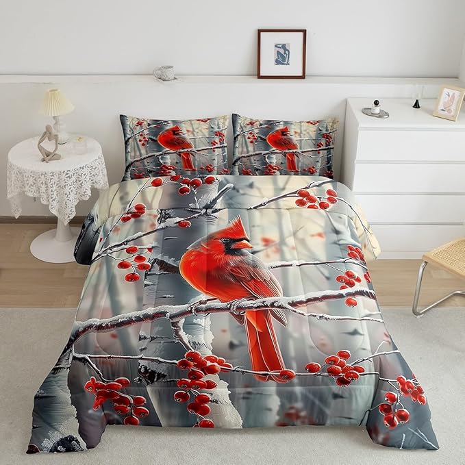 jejeloiu Kids Red Cardinal Comforter Set Twin Size Christmas Theme Bedding Set for Boys Girls Teens Xmas Birds Winter Rustic Country Farm Animal Duvet Quilt Room Decor
