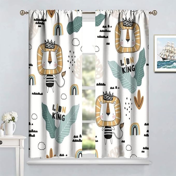 Cartoon Little Lion King Window Curtains for Baby Child,Cute Funny Forest Animals,Tropical Jungle Leaves Wildlife Boho Rainbow Print Blackout Drapes for Nursery Boys Girls Kids Bedroom 72x63in