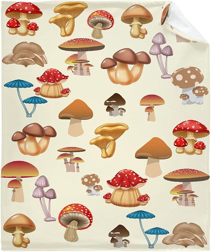 Thuswarm Colorful Wild Mushroom Flannel Blanket for Autumn Winter Gifts Warm Cozy Soft Funny Print Throw for Bed Couch Sofa 120”×90” Extra Large for Family