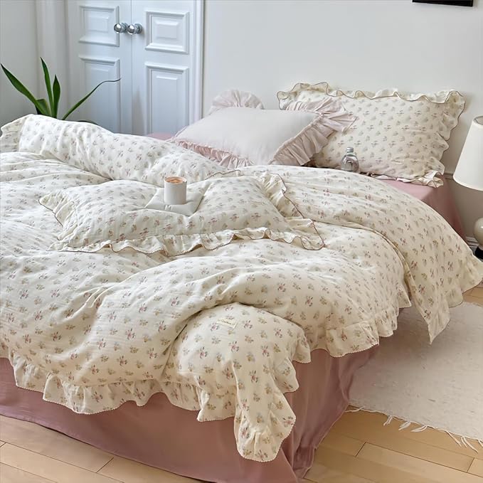 BuLuTu 2-Layer Cotton Muslin Duvet Cover Full for Kids Girls Boys, Shabby Chic Floral Duvet Covers Beige Comforter/Quilt Cover with Ruffles, 79"x90", Azalea, No Pillow Cases
