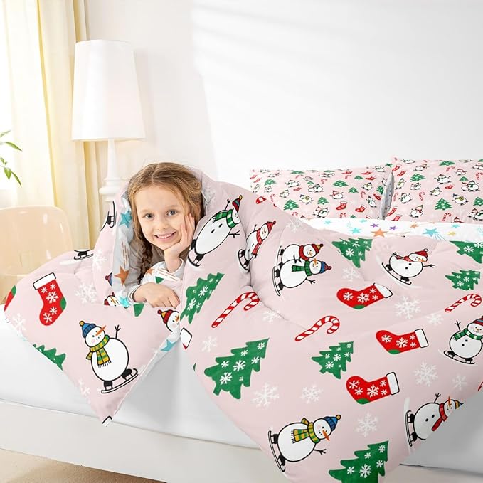 Feelyou Pink Christmas Comforter Set Toddler Size Snowman Bedding Set for Kids Boys Girls Snowflake Duvet Quilt Xmas Tree Bedroom Decor Microfiber 2 Pcs with 1 Pillow Cases