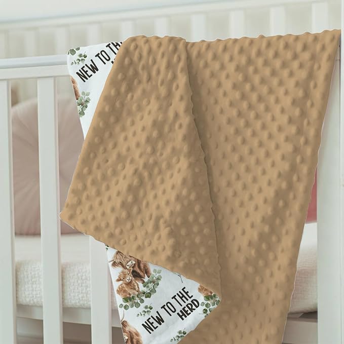 Highland Cow Baby Blankets for Boys Girls 30 x 40, Eucalyptus leaf Soft Double Layer Minky Blanket with Dotted Fleece Back, Nursery Bed Receiving Quilt for Newborn Infant Toddler Shower Gift