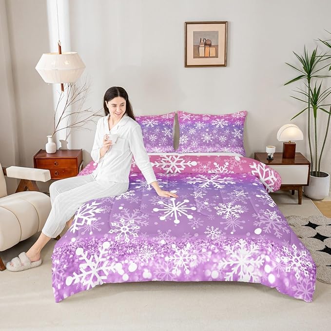Feelyou Christmas Comforter Set All Season Pink Purple Bedding Set with 1 Pillow Cases Winter Snowflake Microfiber Kids Twin Bedclothes New Year Holiday Bedroom Decor Duvet Quilt Soft Lightweight