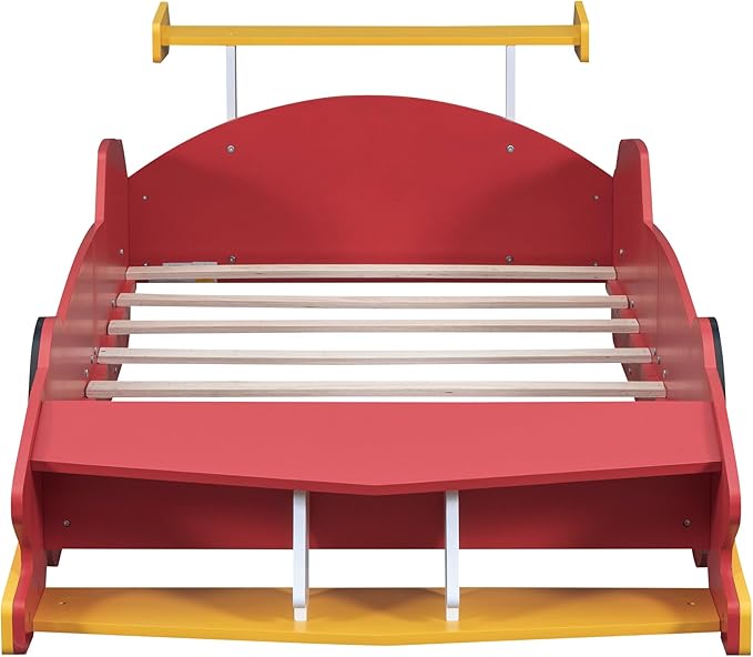 Flieks Twin Size Race Car-Shaped Platform Bed Frame for Boys Girls Kids Adults Toddler with Wheels,Red