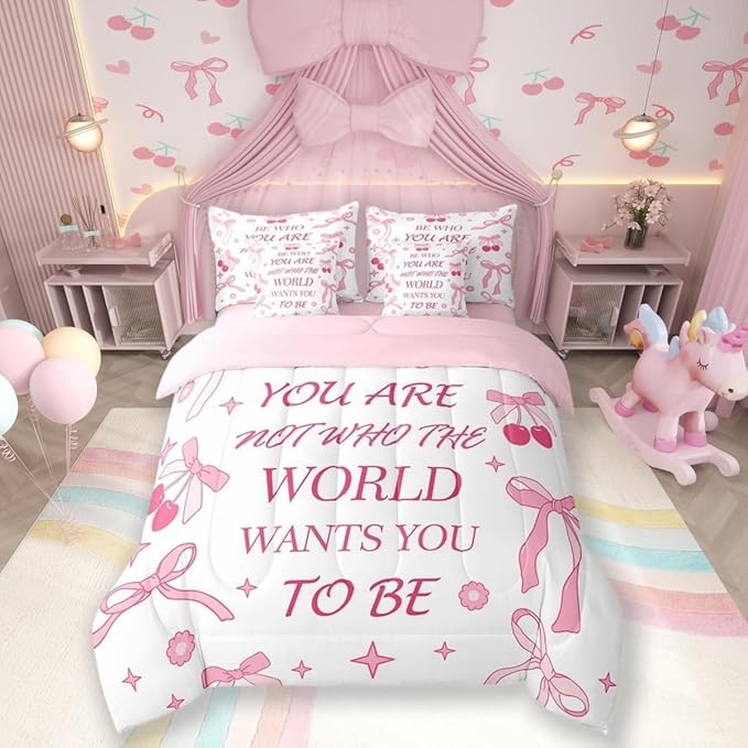 7 Pieces Pink Bowknot Kids Comforter Set Twin,Cherry Tropical Fruit Cute Princess Bedding Set,Bow Tie Stars Daisy Floral Romantic（Comforter+Fitted+Flat Sheet+2 Pillowcases+2 Throw Pillow Covers）