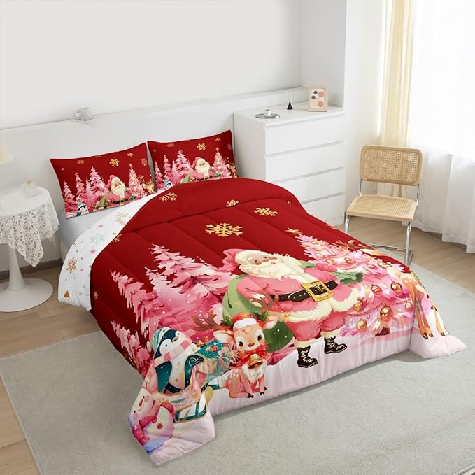 jejeloiu Merry Christmas Comforter Set Twin Size Santa Claus Bedding Set for Kids Boys Girls Cute Deer Duvet Quilt Red Bedroom Decor