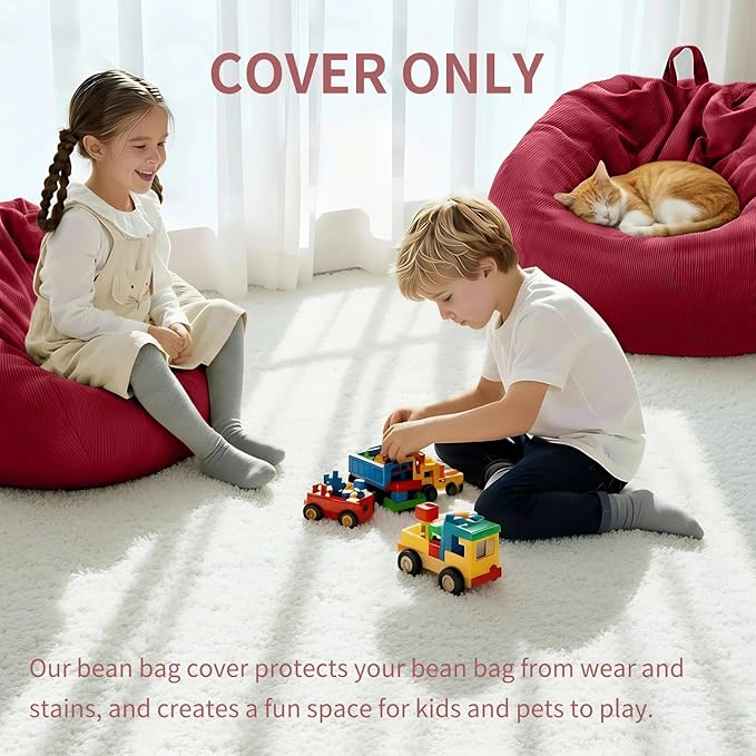 Nobildonna 3 ft Bean Bag Chair Cover (No Filler) 35"×43" Large Stuffed Animal Storage Bean Bag Washable Big Beanbag Chair Cover Premium Corduroy Bean Bag Cover for Adults,Kids,Wine Red 300L