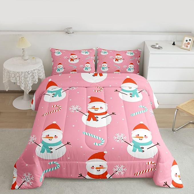 Feelyou Pink Christmas Bedding Set Soft for Boys Girls, Snowman Comforter Set King Size Snowflake Duvet Quilt Microfiber Candy Cane Bedroom Decor 3 Pcs with 2 Pillow Cases