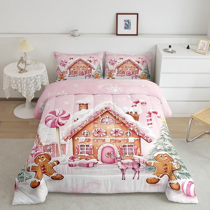 Gingerbread House Kids Comforter Set Toddler Size,Gingerbread Man Xmas Tree Cabin Deer Bedding Set,Girls Women Room Decor,Christmas Snowflake Down Comforter,Pink Brown Duvet Insert,1 Pillowcase