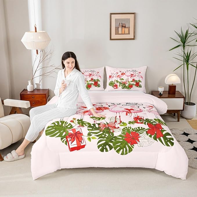 Merry Christmas Comforter Set King Size,Pink Flamingo Cartoon Bird Animal Bedding Set All Season Quilt Set,Winter Snowflake Green Leaves Microfiber Polyester Down Comforter