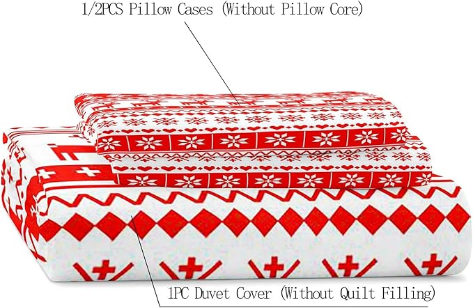 LUVIVIHOME 3PCS King Christmas Duvet Cover Set, White Red, Reindeer Snowflake Poinsettia Christmas Tree Holiday New Year Xmas Striped Comforter Quilt Cover 2 Pillow Shams