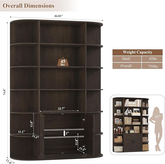 HOSTACK 75" Tall Book Shelf and Bookcase, 6 Tier Bookshelf with Storage, 47" Wide Bookcase with Doors, Freestanding Wood Display Shelves with Book Storage Cabinet for Home Office, Dark Brown