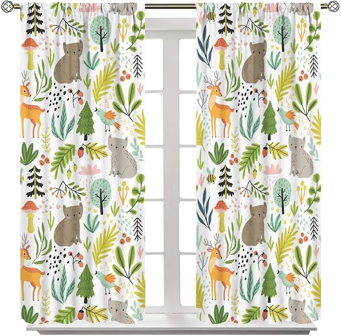 Cartoon Forest Kids Blackout Curtains,Cute Woodland Wild Animals Colorful Deer Plants Trees Print Pattern Thermal Insulation Window Drapes for Nursery Boys Girls Bedroom,White Background 52x84in