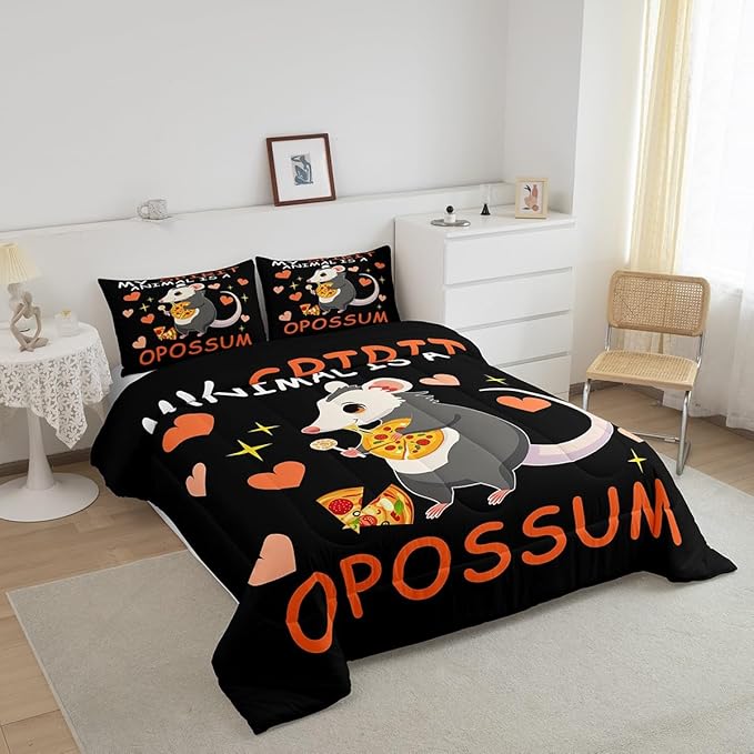 Pizza Candy Dessert Comforter Set with 2 Pillowcases,Cartoon Animal Theme Super Soft Microfiber Bedding Set for Adults Teens,Cute Opossum Duvet Set for Room Decor,King
