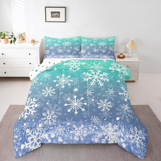 Feelyou Winter Snowflake Kids Comforter Set Full Size Christmas Bedding Set Winter Holiday Duvet Quilt for Kids Boys Girls Bedroom New Year Decor Microfiber Ultra Soft Breathable