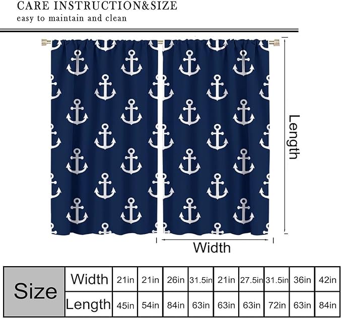 Nautical Costal Curtains,MarineThemed Oceanic Anchor Pattern Blackout Print Home Bedroom Living Room Window Treatments 2 Panel Set 42x54 Inch