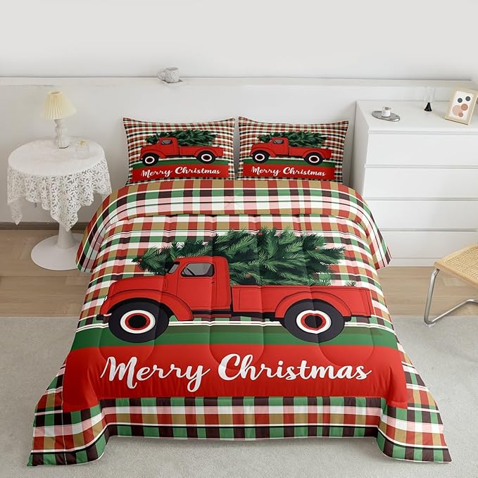 Feelyou Merry Christmas Kids Comforter Set Queen Size Christmas Tree Bedding Set Snowflake Duvet Quilt for Kids Boys Girls Bedroom Winter Decor Microfiber Ultra Soft Breathable