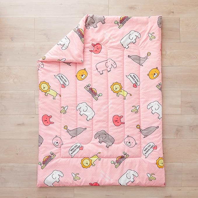 Flysheep 4 Pieces Pink Toddler Bedding Set, Elephant Lion Animals Printed for Baby Girls - Includes Quilted Comforter, Flat Sheet, Fitted Sheet & Pillow Case, Soft Microfiber