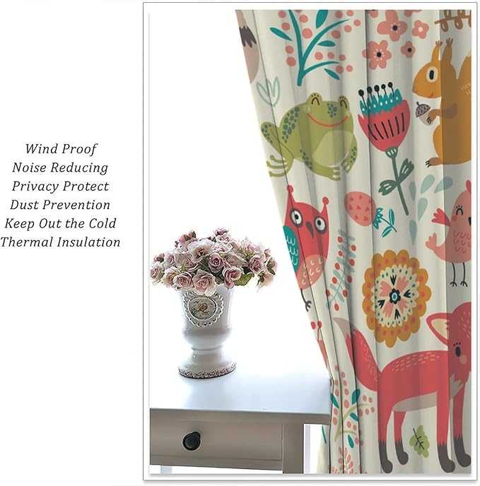 Kids Baby Woodland Curtains,Forest Animals Plants Cartoon Funny Colorful Deer Fox Owl Pattern Thermal Insulation Blackout Window Drapes for Boys Girls Children's Bedroom 42x45 Inch