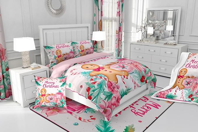 Feelyou Gingerbread Man Kids Comforter Set King Size Merry Christmas Bedding Set Christmas Decor Duvet Quilt for Kids Boys Girls Bedroom Xmas Decor Microfiber Ultra Soft Breathable