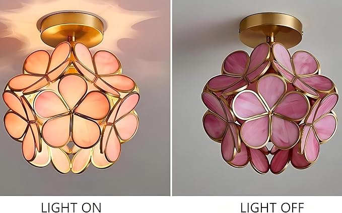 7.9 Inch Petal Ceiling Light, Tiffany Style Metal and Glass Close to Ceiling Light Fixture with E27 Base for Hallway, Entryway, Bedroom - Pink