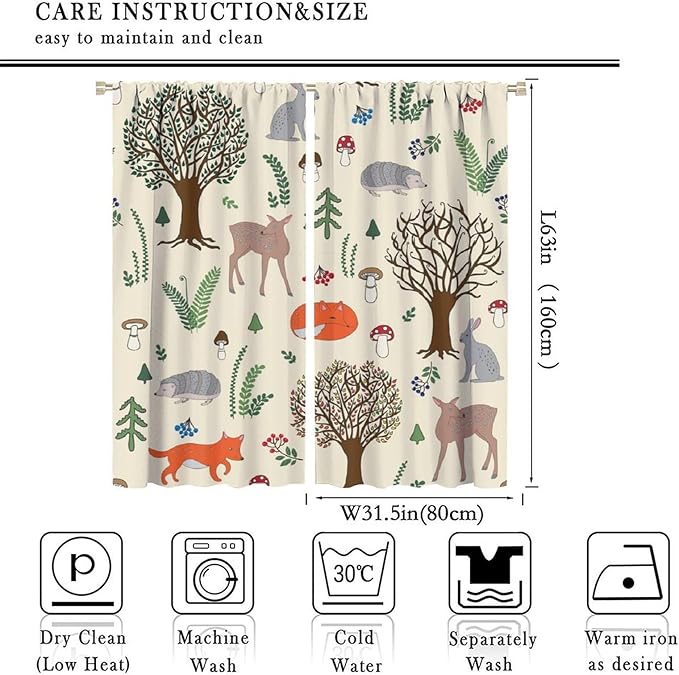 Kids Forest Animal Curtains, Rustic Cute Wild Animal Fox Deer Hedgehog Window Treatments Farmhouse Woodland Window Drapes for Girls Boys Nursery Toddler Bedroom 63x63in