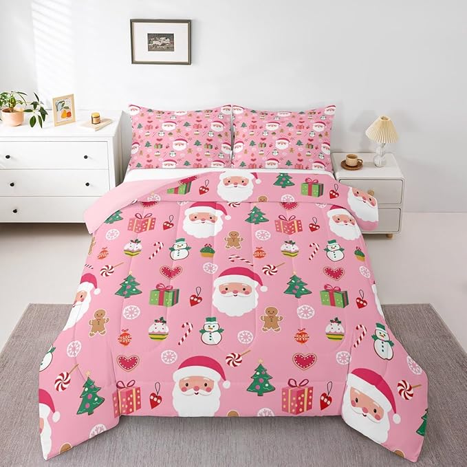 Feelyou Santa Claus Kids Comforter Set Full Size Christmas Decor Bedding Set New Year Gift Duvet Quilt for Kids Boys Girls Bedroom Merry Christmas Decor Microfiber Ultra Soft Breathable