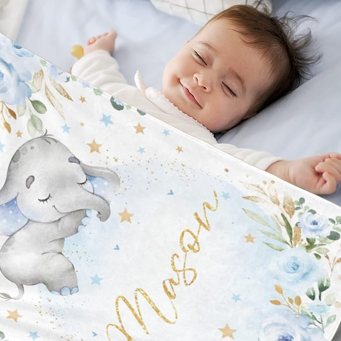 Custom Elephant Blanket with Name for Boys, Personalized Name Blanket for Teen, Soft Flannel Elephant Blankets Customized Gift for Birthday 50"x60"