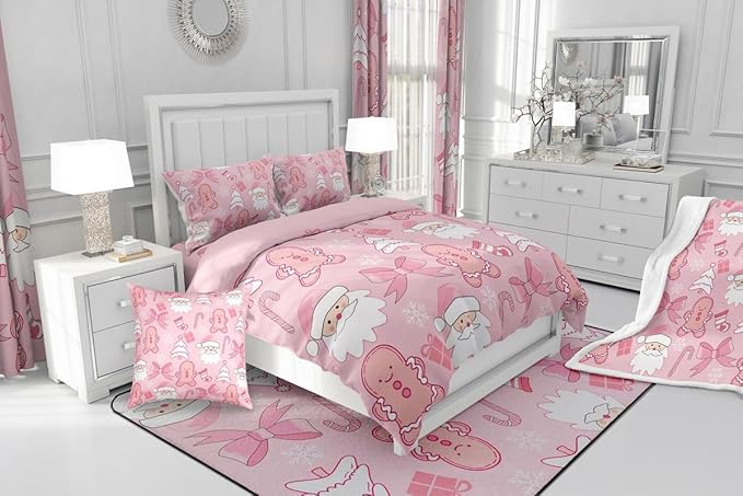 Feelyou Pink Christmas Bedding Set Soft for Boys Girls, Santa Claus Comforter Set King Size Gingerbread Man Duvet Quilt Microfiber Bow Candy Cane Bedroom Decor 3 Pcs with 2 Pillow Cases