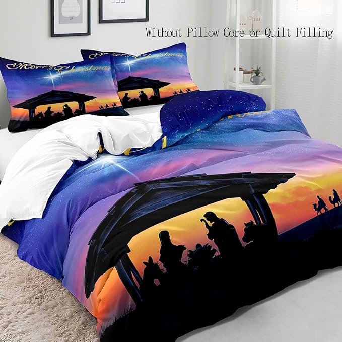 LUVIVIHOME 3PCS Christmas Duvet Cover King Bedding Set, Purple Blue Galaxy Sunset Manger Nativity Scene O Holy Night Winter Holiday Xmas Christmas Comforter Quilt Cover, Bed in a Bag, 2 Pillow Shams