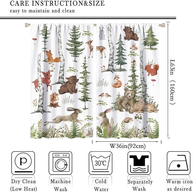 Animal Kids Curtains, Woodland Squirrel Rabbit Bear Animal Friends Forest Curtains for Boys and Girls Bedroom Living Room Kitchen 72x63in