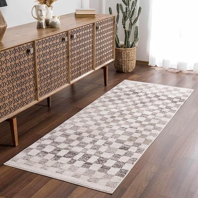 Hauteloom Pertek Modern Checkered Area Rug - Modern Geometric Carpet for Living Room, Kids Room, Nursery - Bohemian Boho Carpet - Cream, Beige, Tan - 2'7" x 4'