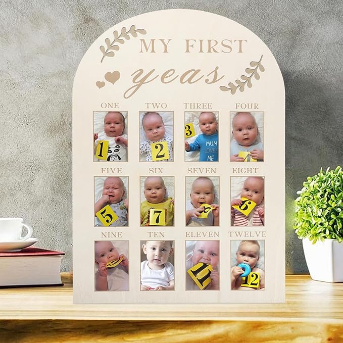 Toyvian Newborn First Year Picture Frame Wood Milestone Board Photo Display Keepsake for Nursery Desk Decoration Months Milestone Photo Frame for Parents