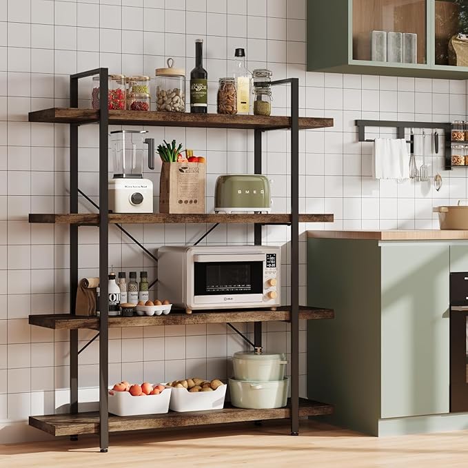 4 Tier Bookcase, 47 Inch Wide Wood Bookshelf, 120lbs Shelf Capacity, Rustic Open Shelving Industrial Display with Reinforced Horizontal Brown Shelves for Living Room Bedroom Office 2 Set