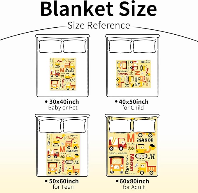 Personalized Construction Blanket for Boys Girls with Name, Custom Name Blanket Construction Vehicles, Soft Flannel Teen Blankets Customized Gift for Birthday Christmas-50x60in