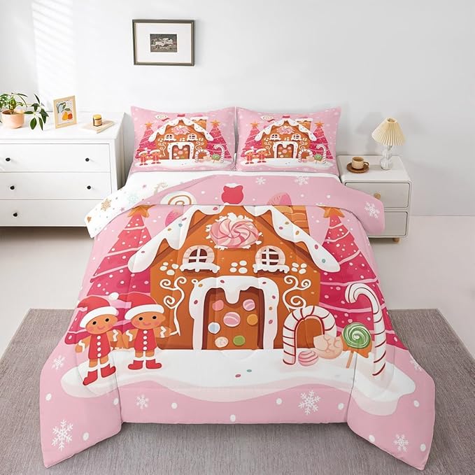 jejeloiu Kids Christmas Theme Comforter Set Full Size Cute Gingerbread Man Bedding Set for Boys Girls Teens Pink Xmas Tree Candy House Winter Snowflake New Year Duvet Quilt Room Decor