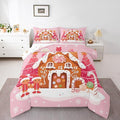 jejeloiu Kids Christmas Theme Comforter Set Toddler Cute Gingerbread Man Bedding Set for Boys Girls Teens Pink Xmas Tree Candy House Winter Snowflake New Year Duvet Quilt Room Decor