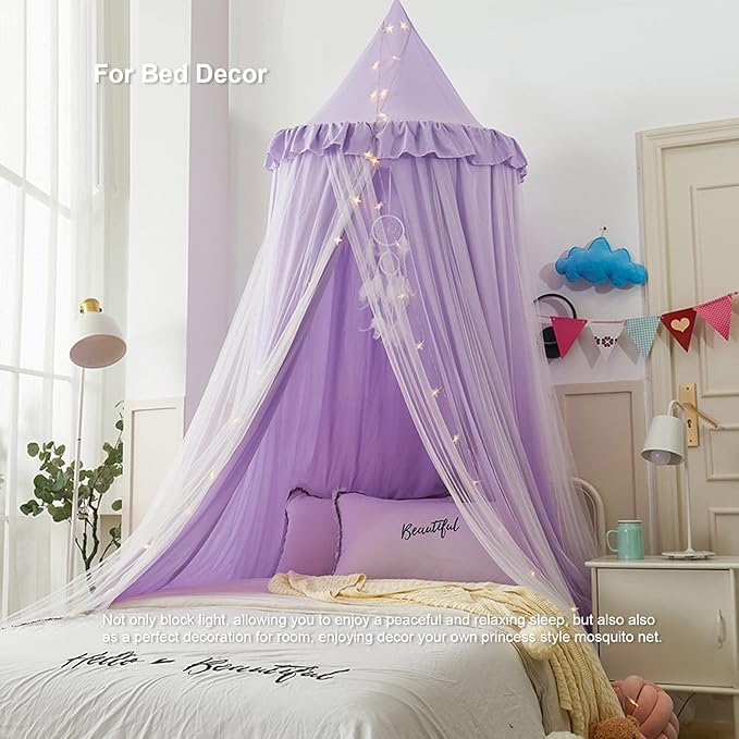 Bed Canopy for Girls, Double Layer Dome Mosquito Net Princess Canopy for Girls Bed Room Decor Reading Nook (Purple)